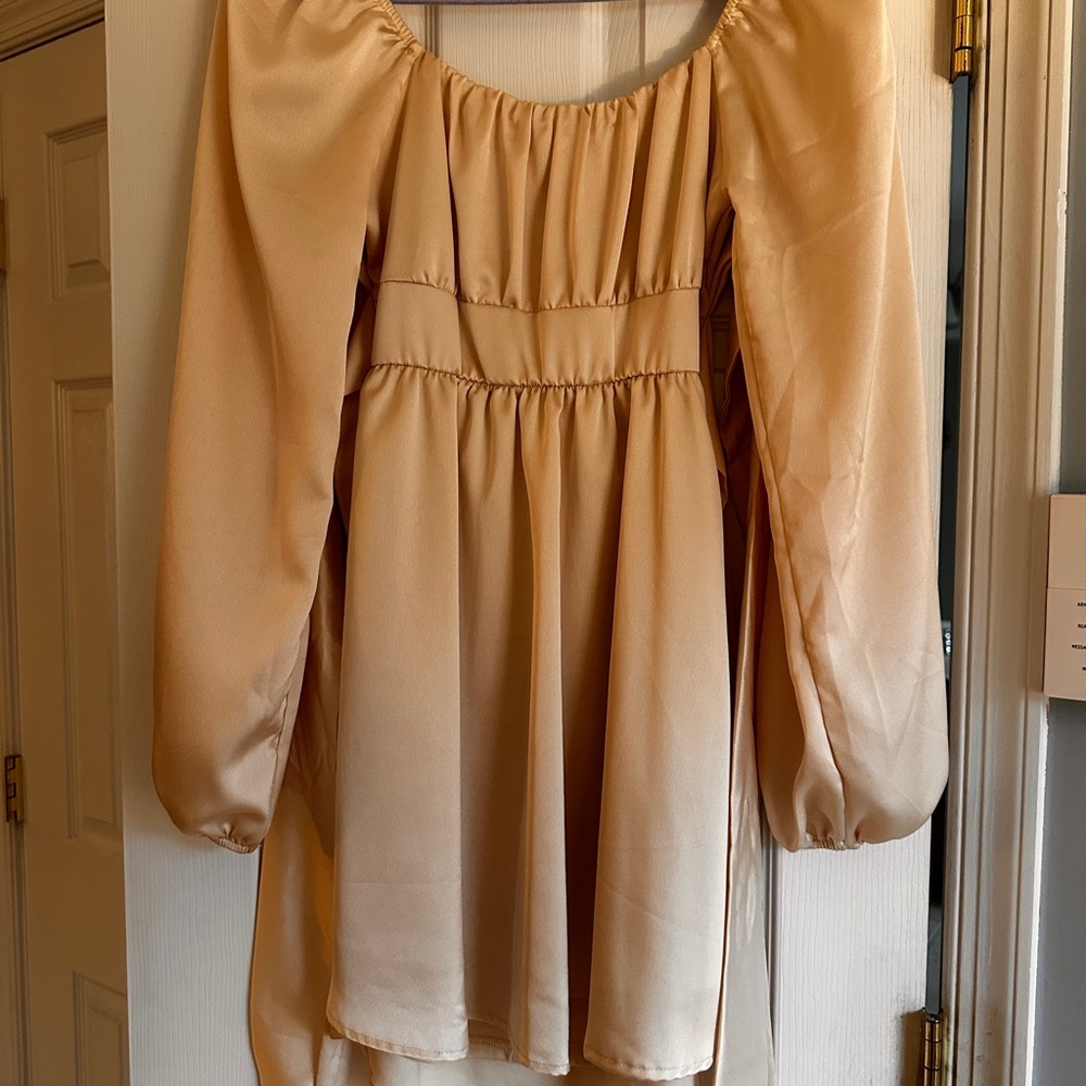 Altar'd State Tan Draped Dress with bow detail on back.